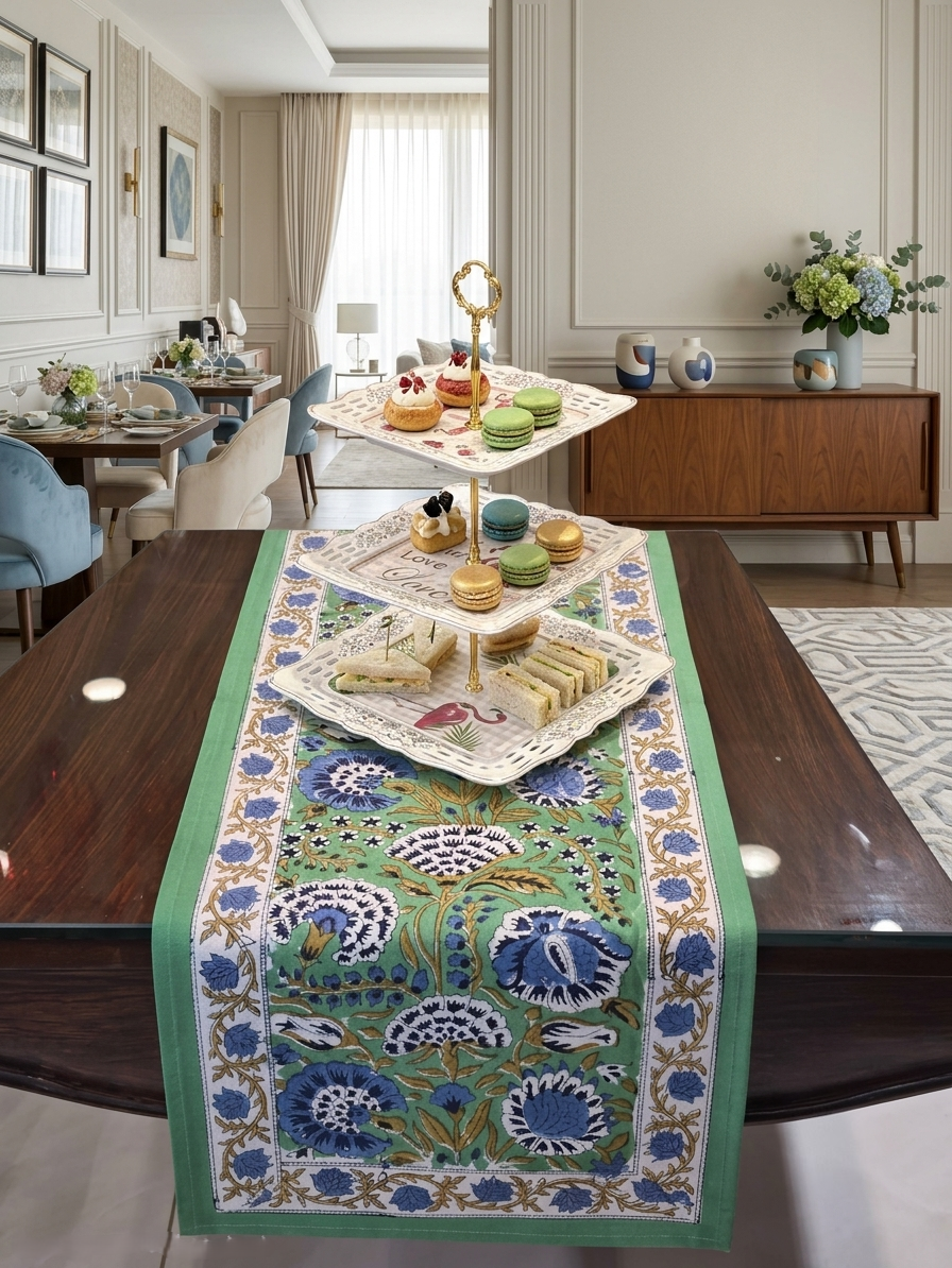 EMERALD BLUE BLOOM TABLE RUNNER