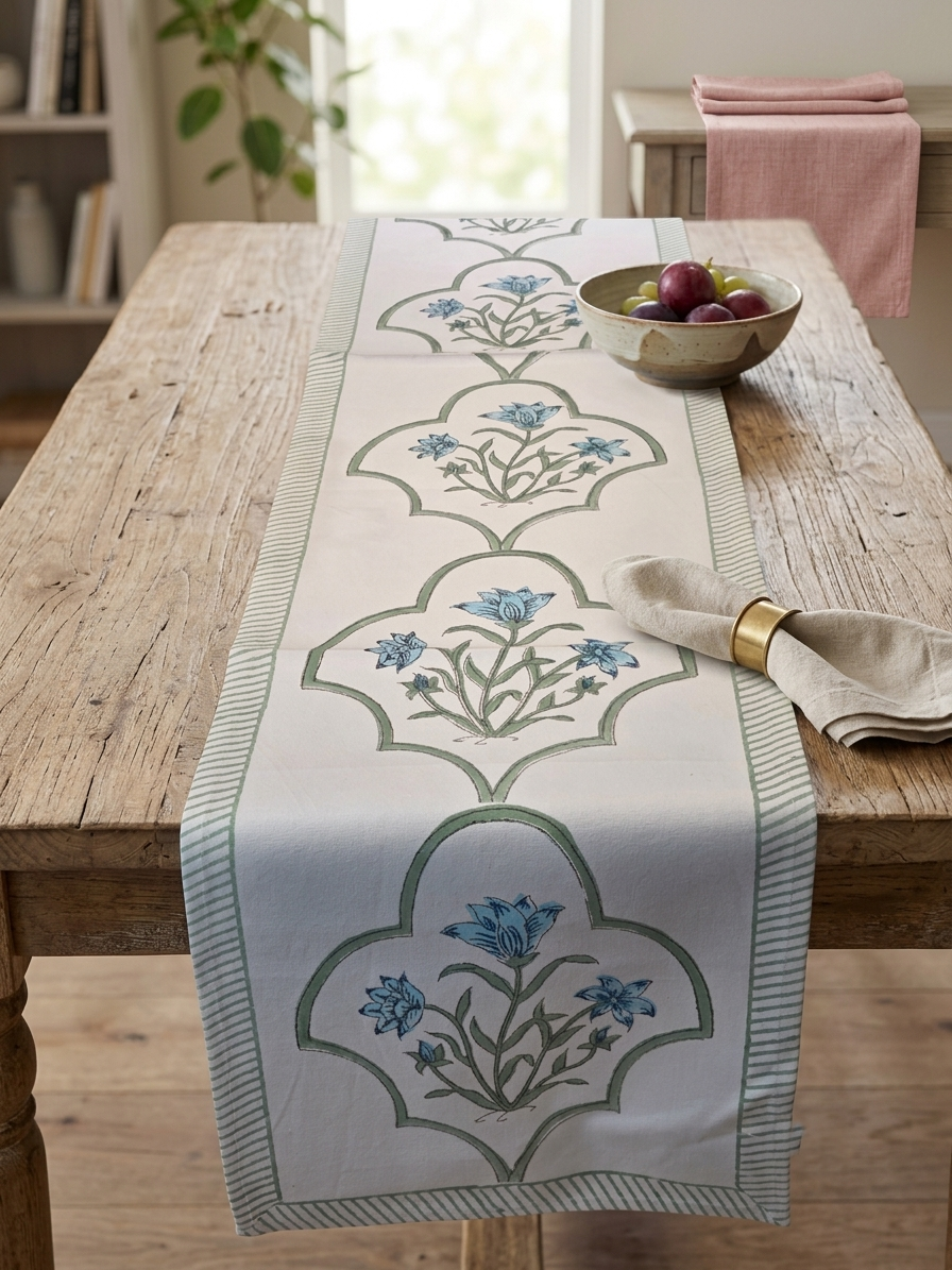 SAGE BLUE FLORAL TABLE RUNNER