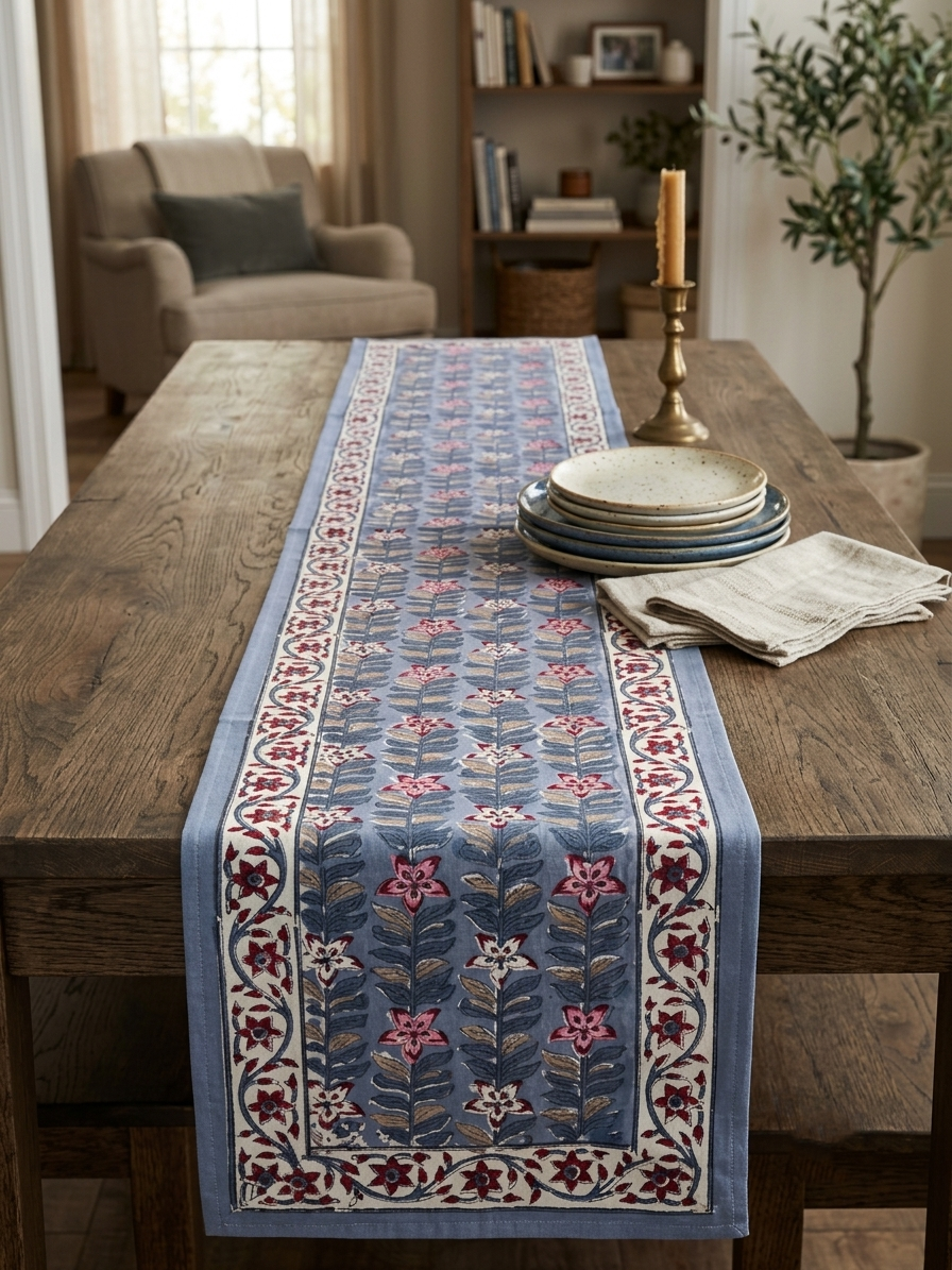 DUSKY BLUE FLORAL TABLE RUNNER