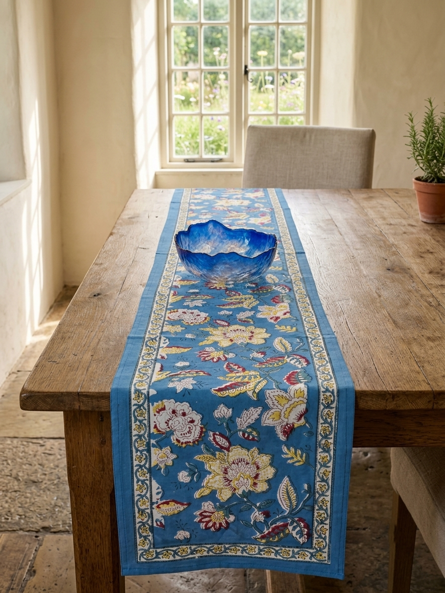 OCEAN BLUE FLORAL TABLE RUNNER