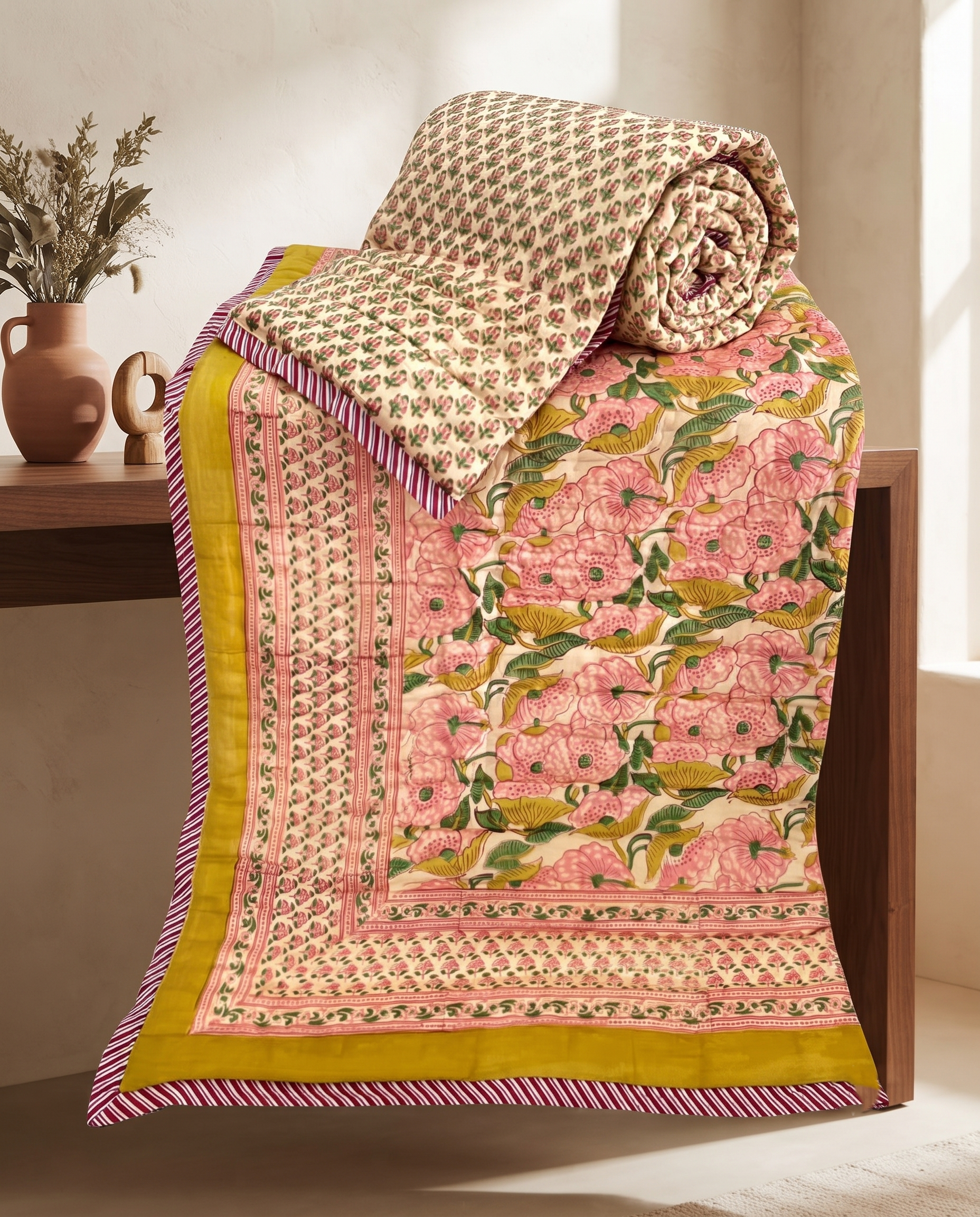 Hand Block Reversible Single Quilt Premium Cotton – Mustard Floral