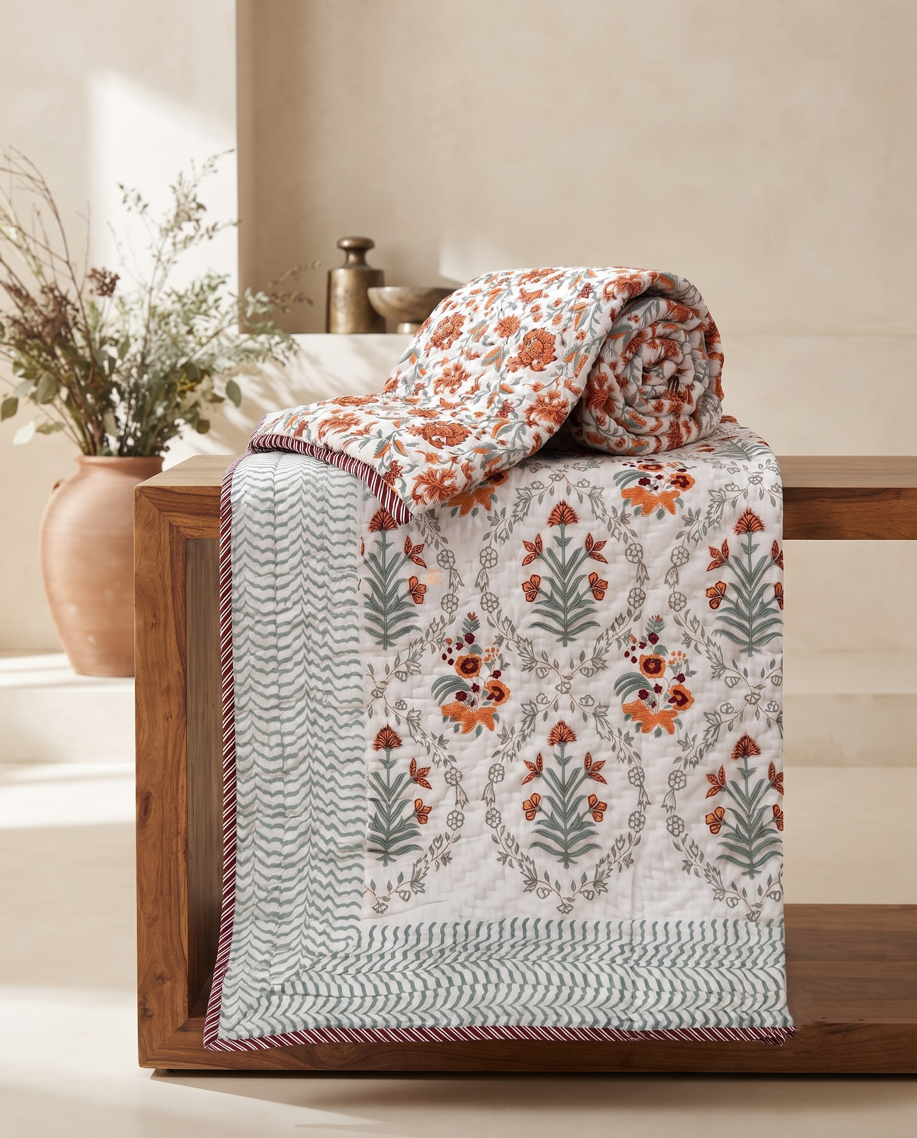 Hand Block Reversible Single Quilt Premium Cotton – Sage Green Floral