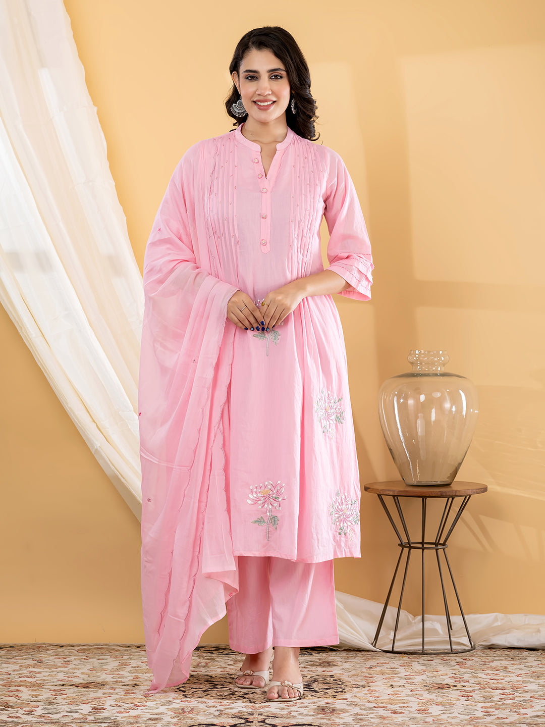Aabha Floral Embroidered 3Pc Set – Blush Pink