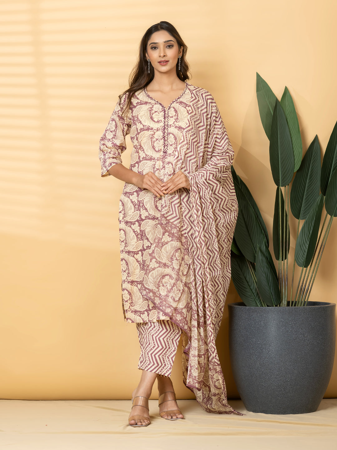 ZARAAN PRINTED 3PC SET - DUSTY MAUVE