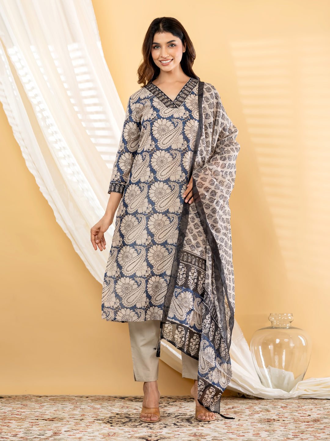 VAYANA PAISLEY PRINTED 3PC SET - INDIGO BEIGE