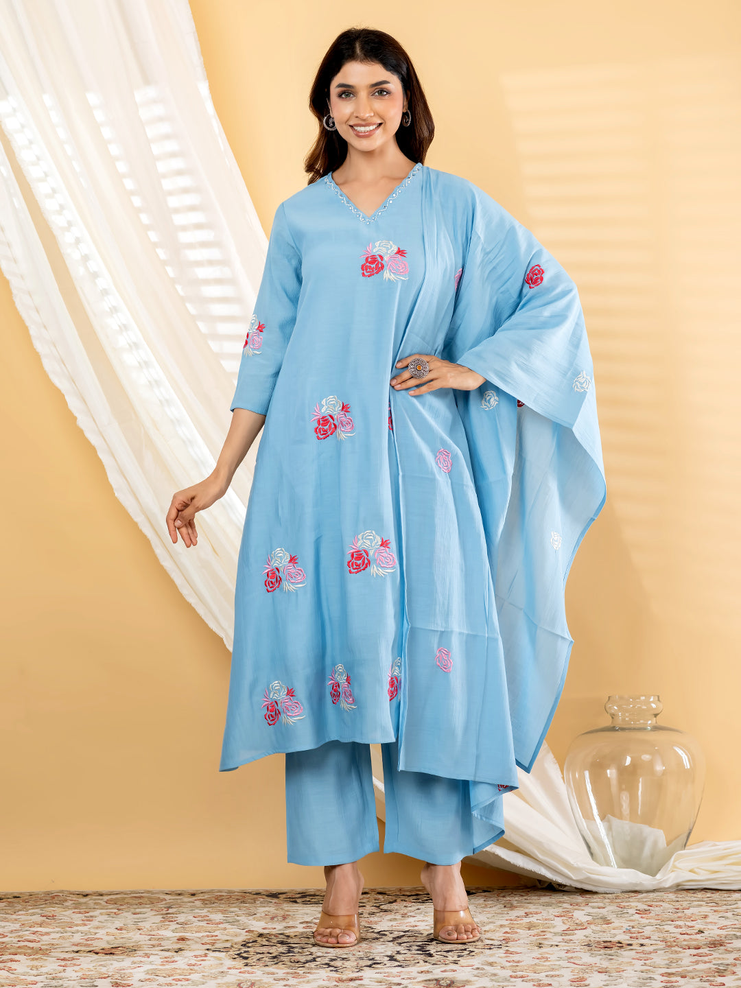 Rosalie Bloom Embroidered 3Pc Set – Powder Blue
