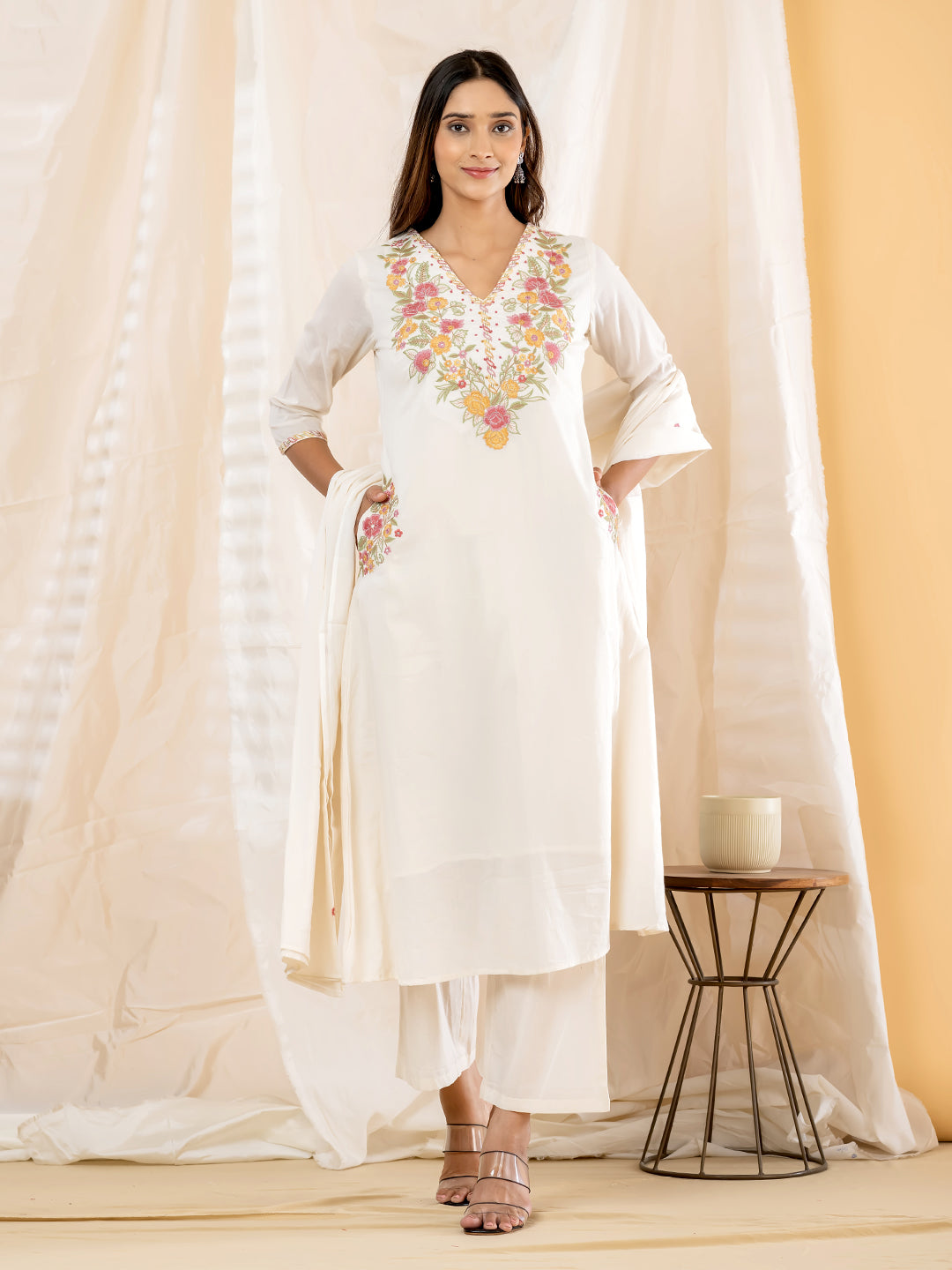 AAHANA FLORAL EMBROIDERED 3PC SET - IVORY WHITE