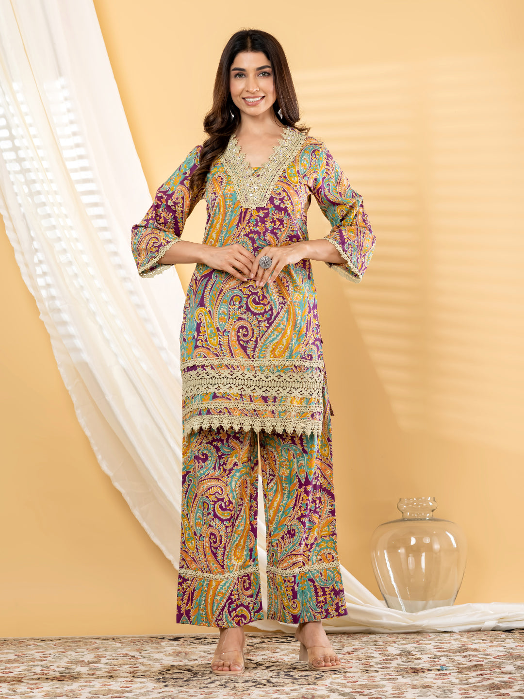 Zaria Paisley Lace Kurta Pant Set – Royal Orchid