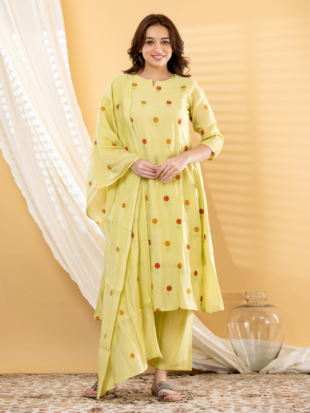 KAVIRA FLORAL PRINTED 3PC SET - LIME YELLOW