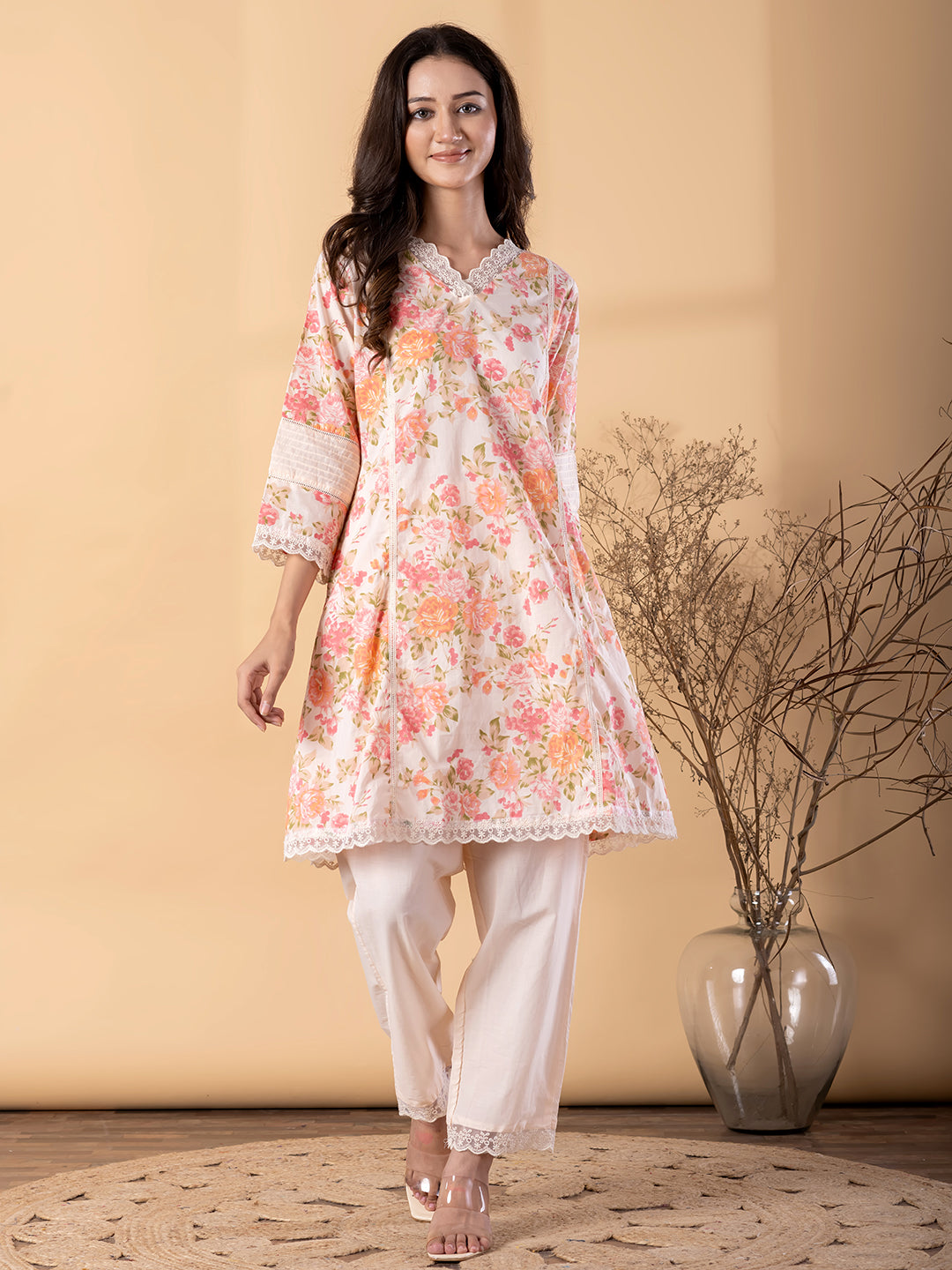 Peach Blossom Lace Kurta Pant Set – Ivory Peach