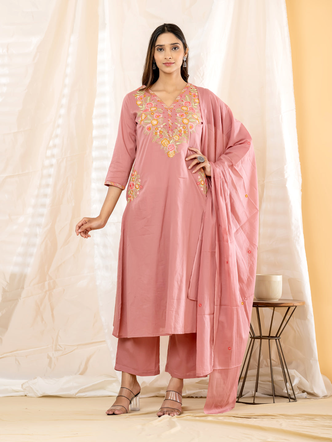 RAVIKA FLORAL EMBROIDERED 3PC SET - ROSE PINK