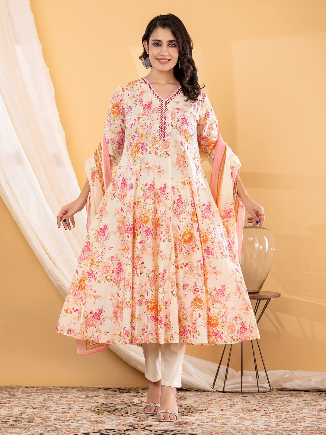 ESHANI BLOOM PRINTED 3PC SET - PEACH IVORY