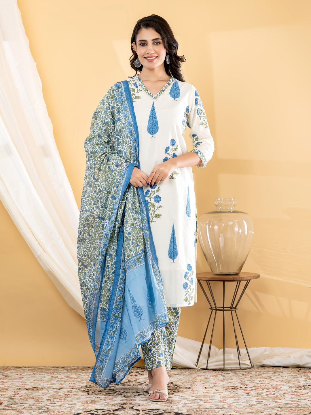 INAYA BOTANICAL PRINTED 3PC SET - IVORY BLUE