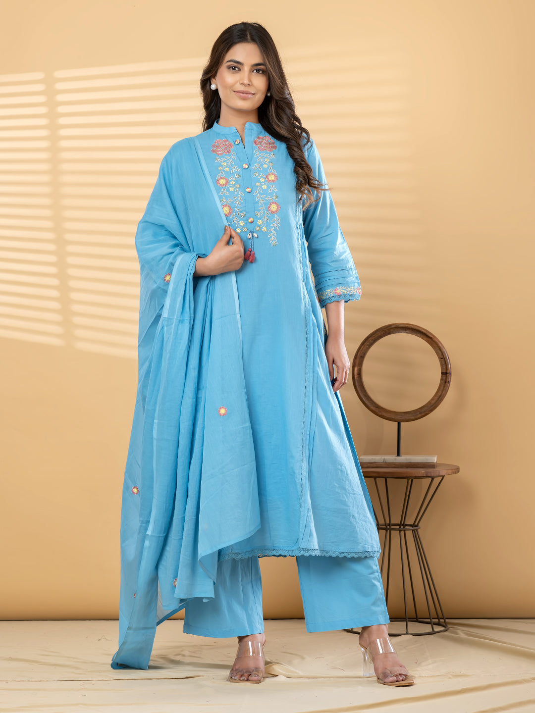 ZARIA FLORAL EMBROIDERED 3PC SET - SKY BLUE