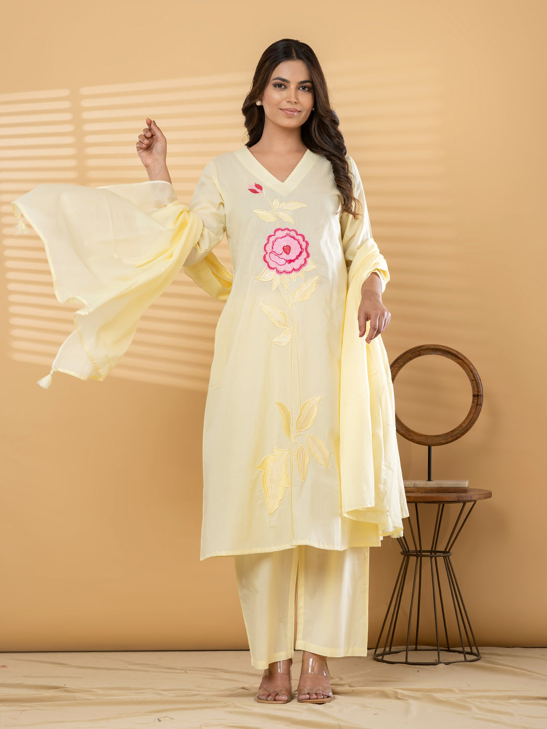LUMIRA FLORAL EMBROIDERED 3PC SET - BUTTER YELLOW