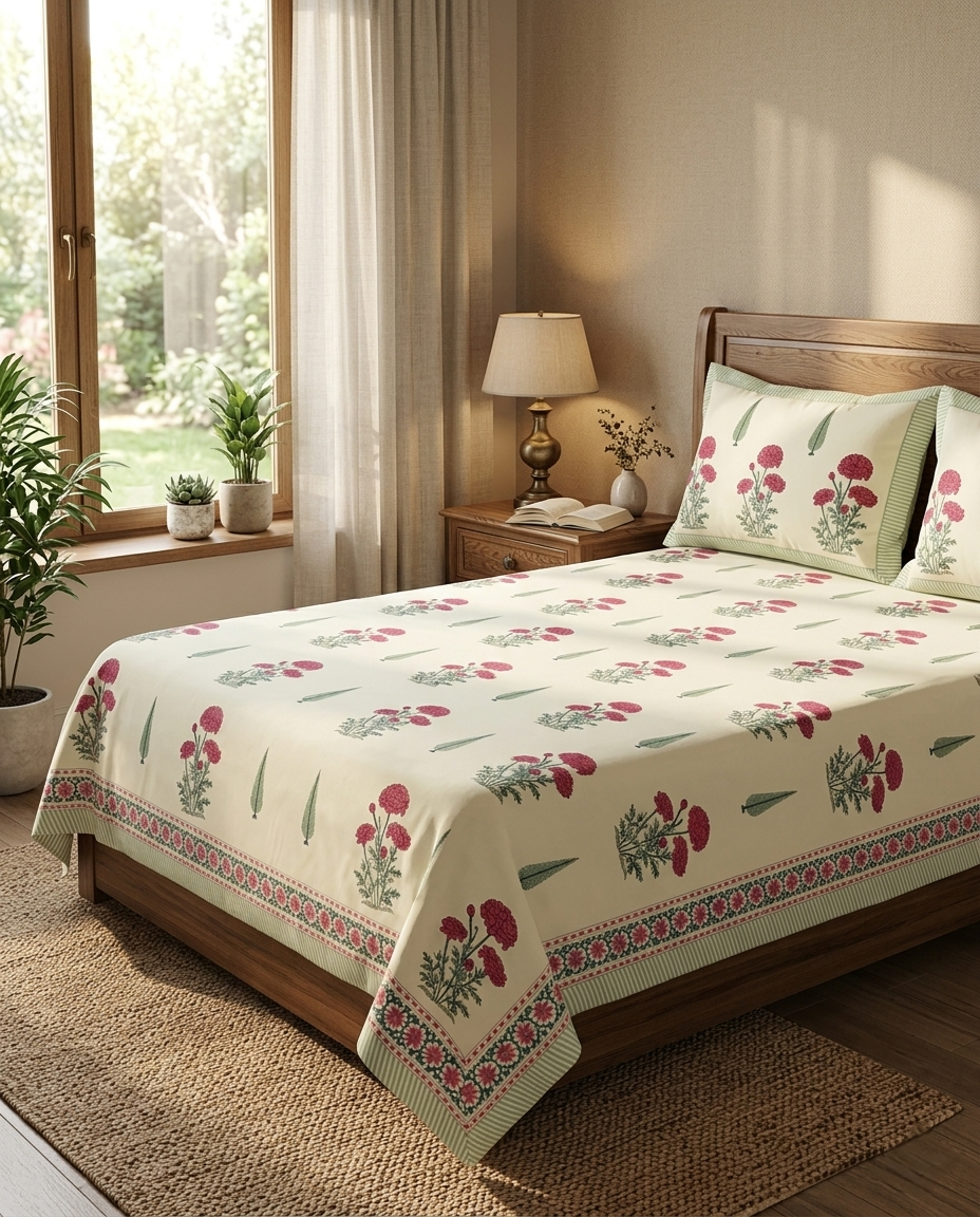 RUSTIC GARDEN HAND BLOCK BEDSHEET PREMIUM COTTON
