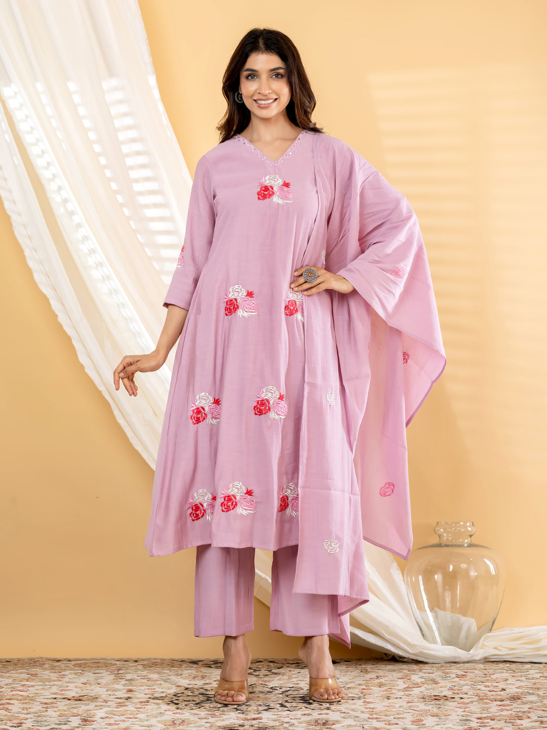 Rosalie Bloom Embroidered 3Pc Set – Blush Lilac