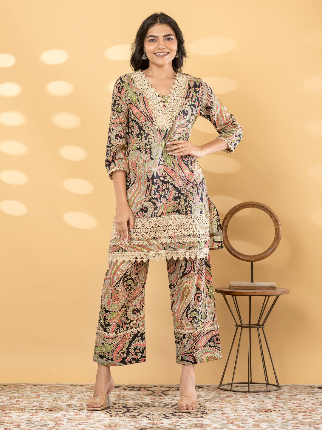 Zaria Paisley Lace Kurta Pant  Set – Charcoal Bloom