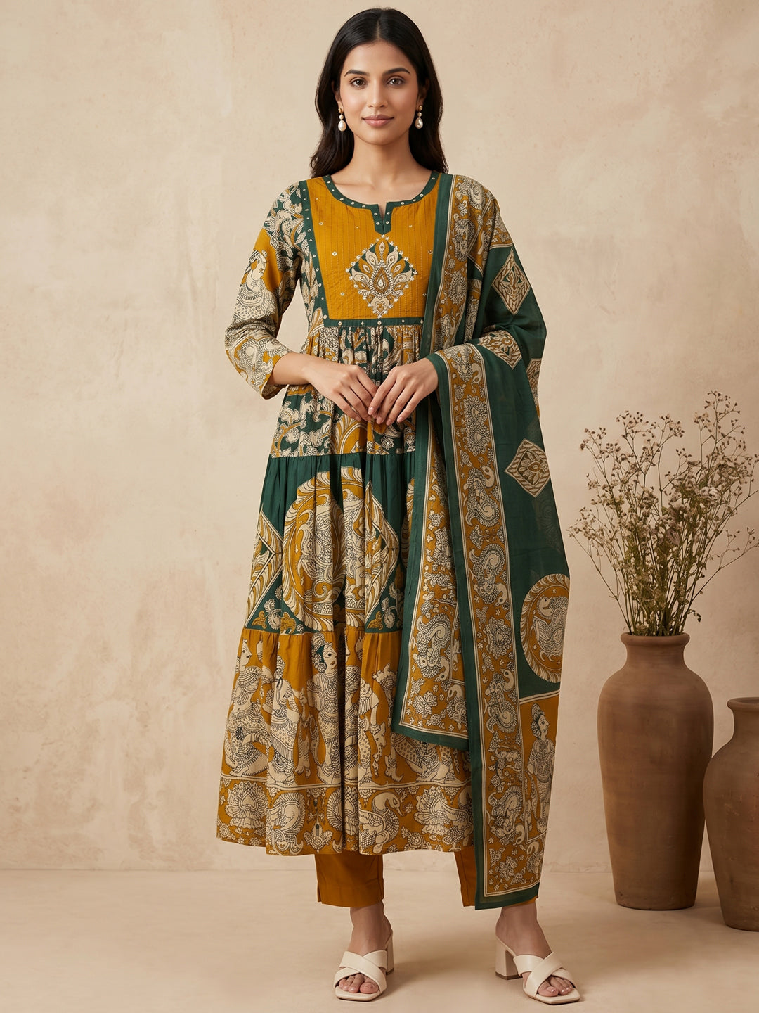 Vrinda Kalamkari 3Pc Set – Forest Green