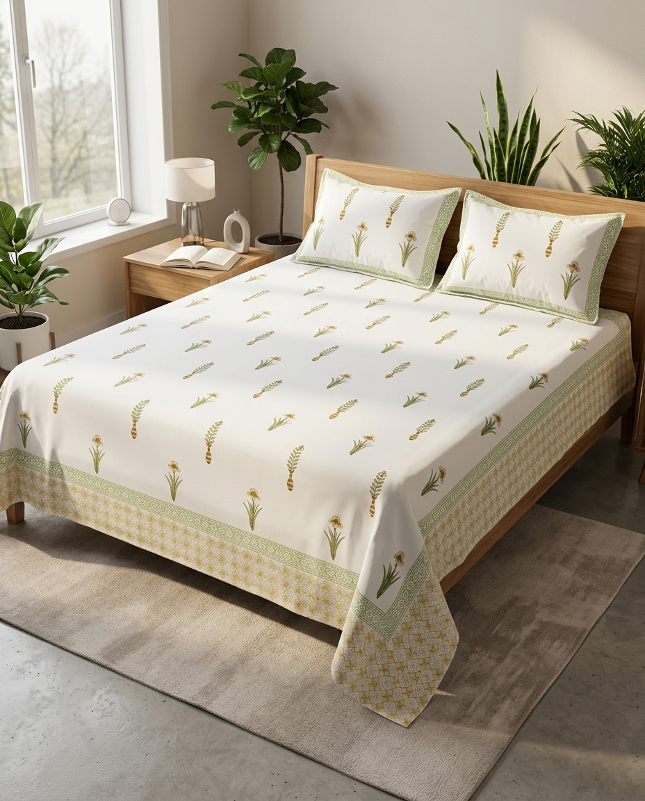 OLIVE EDIT HAND BLOCK BEDSHEET PREMIUM COTTON