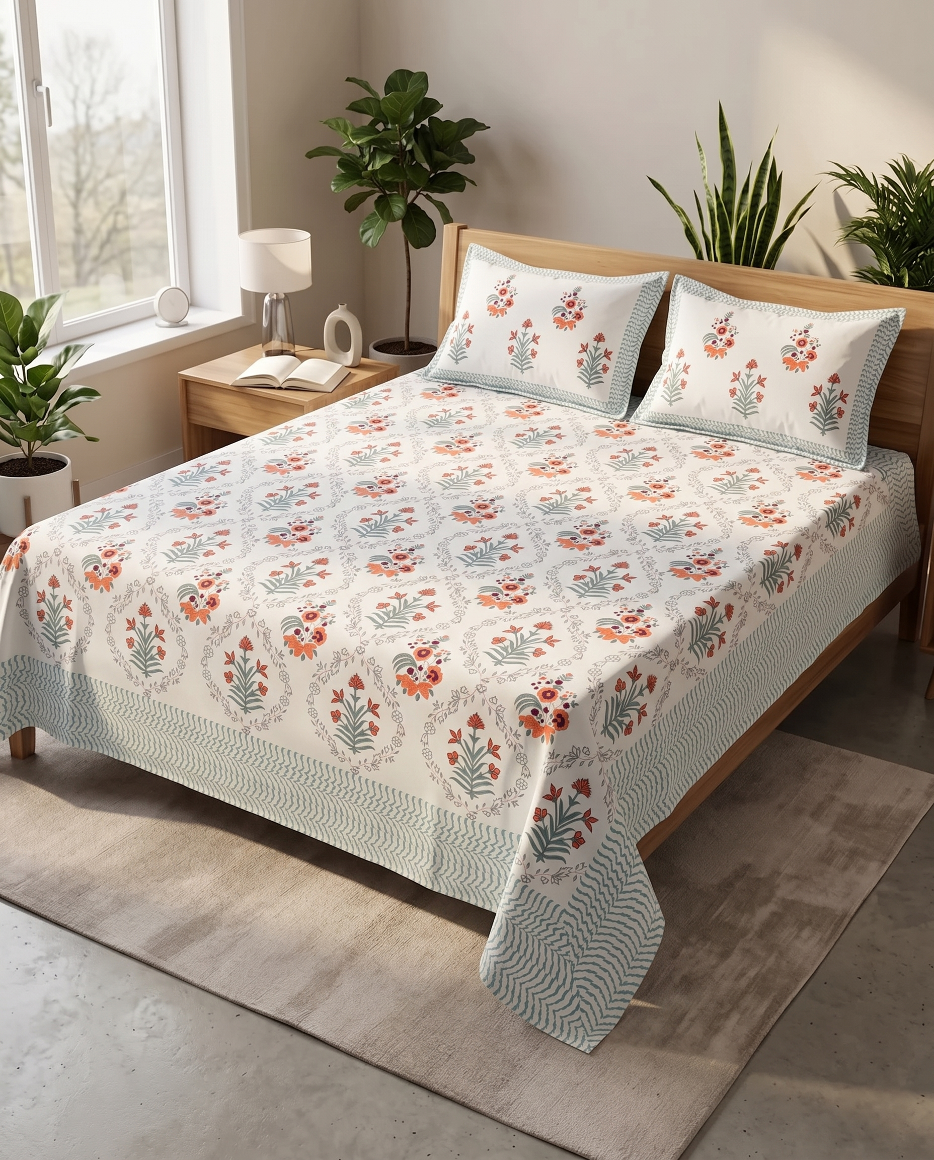 Hand Block Thick Cotton 90*108 Bedsheet – Powder Blue & Coral Floral