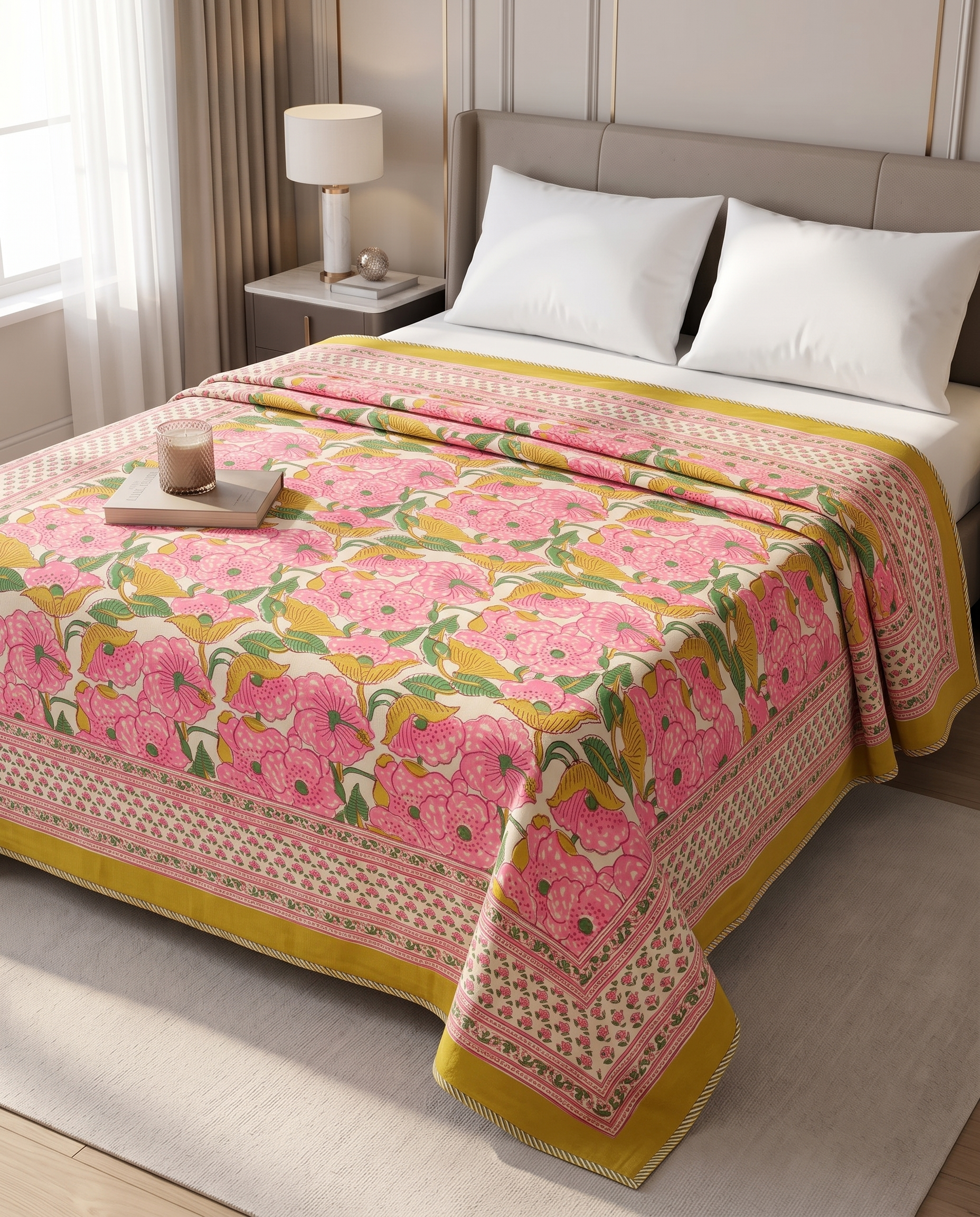 Hand Block Reversible Single Dohar Premium Cotton – Pink Floral & Mustard