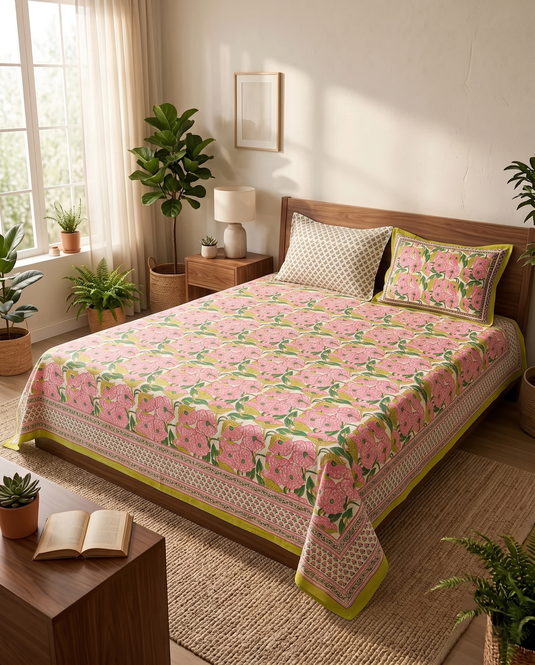 Hand Block Thick Cotton 90*108 Bedsheet – Pink Blossom & Lime Green