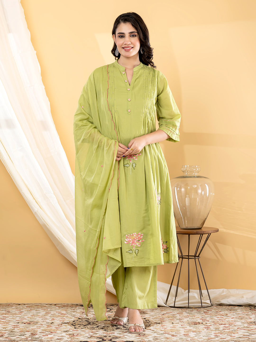 Aabha Floral Embroidered 3Pc  Set – Pistachio Green
