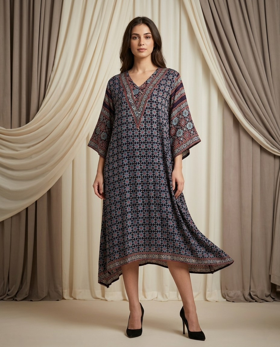 MOSAIC POINT MODAL SILK BLACK AJRAKH KURTA (HANDBLOCK)