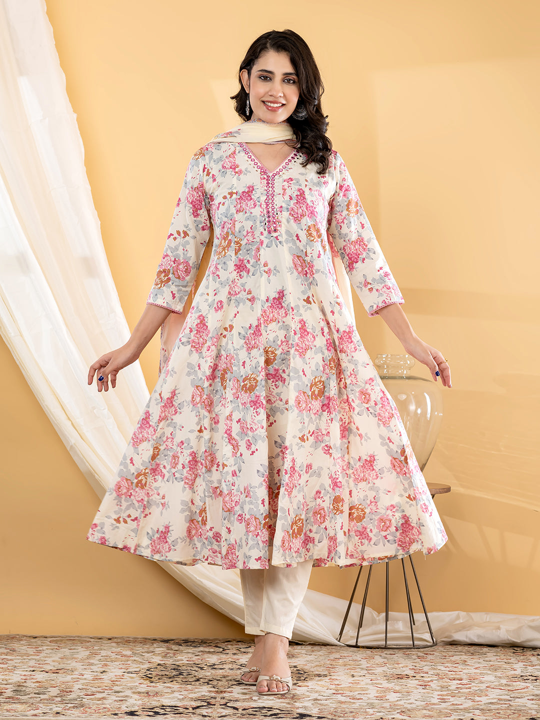 ZELINA FLORAL PRINTED 3PC SET - IVORY PINK