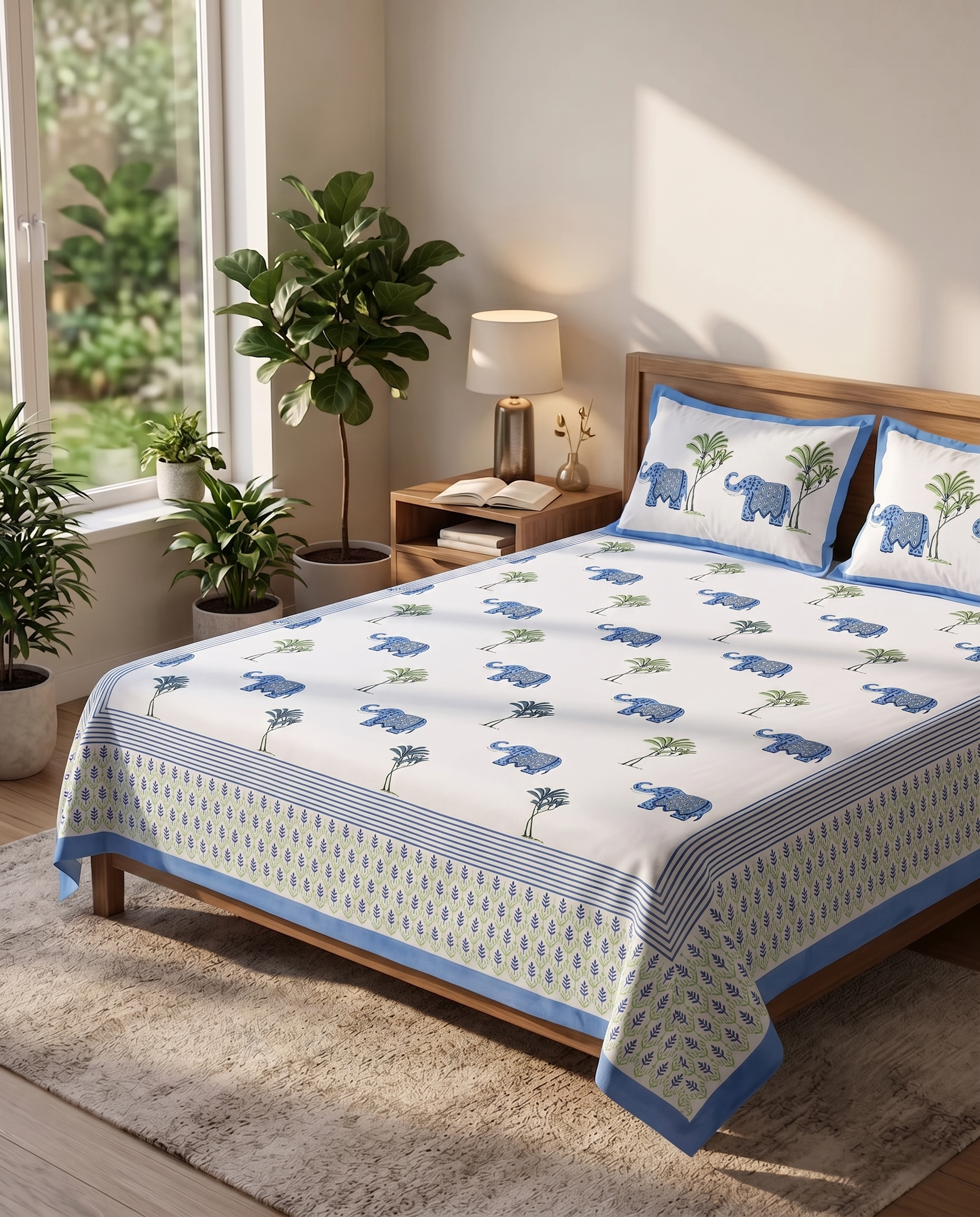 Hand Block Thick Cotton 90*108 Bedsheet – Powder Blue Elephant Garden