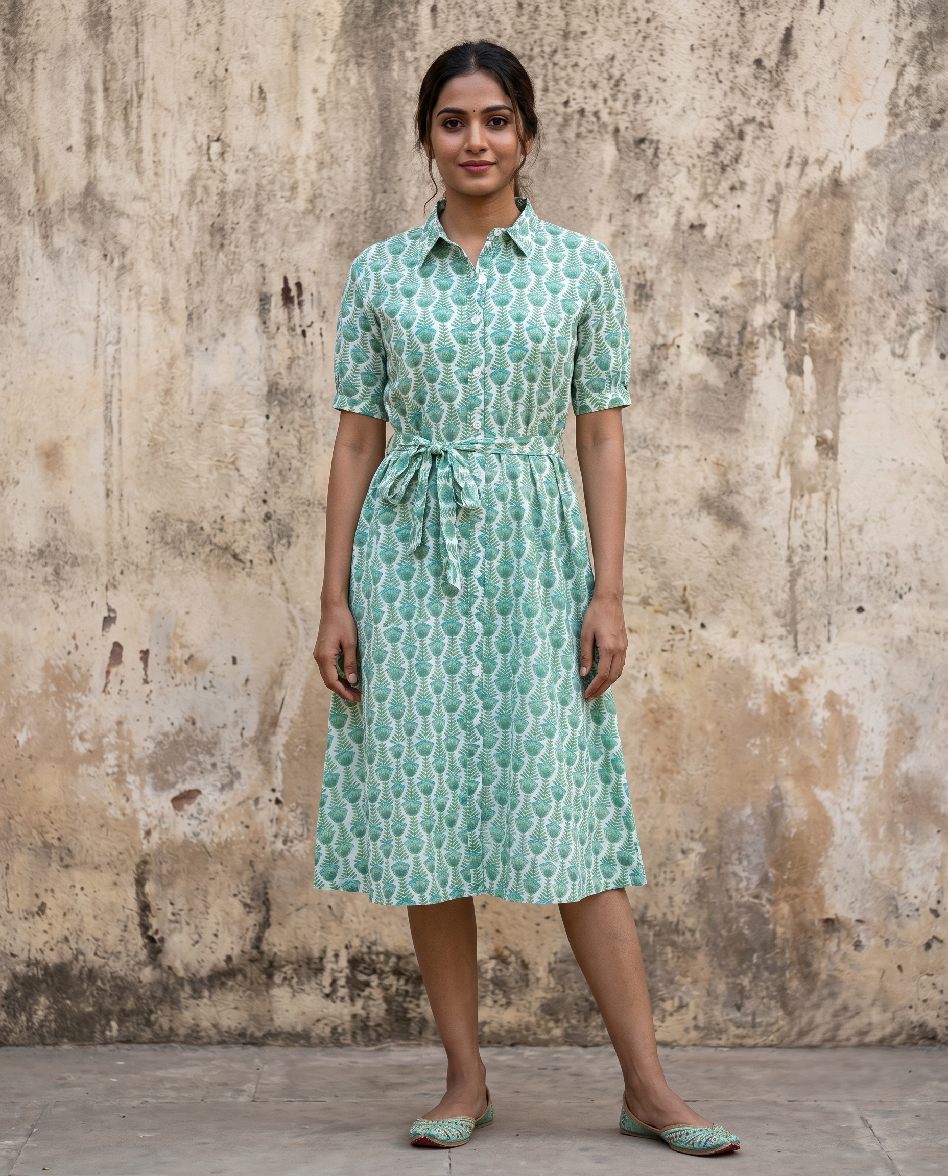 GREEN COLLAR BELT DRESS (HANDBLOCK)