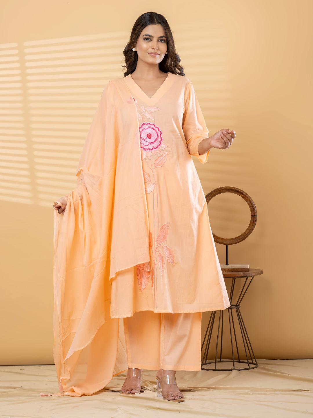 ELARA FLORAL EMBROIDERED 3PC SET - PEACH