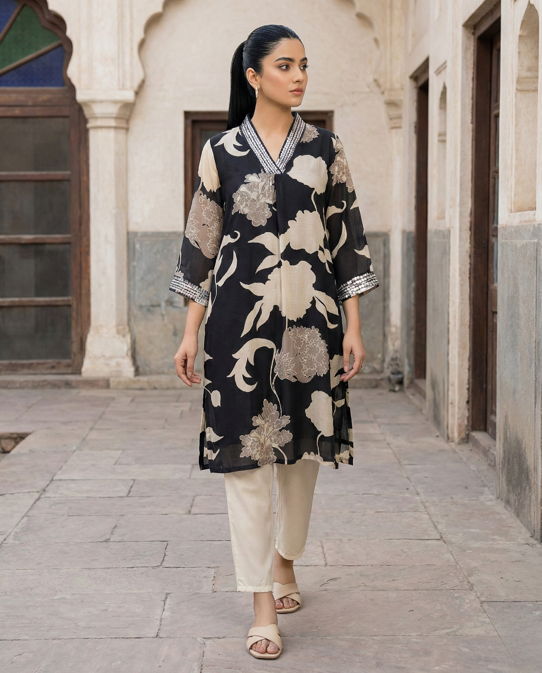 Abstract Black White Floral Muslin KP set