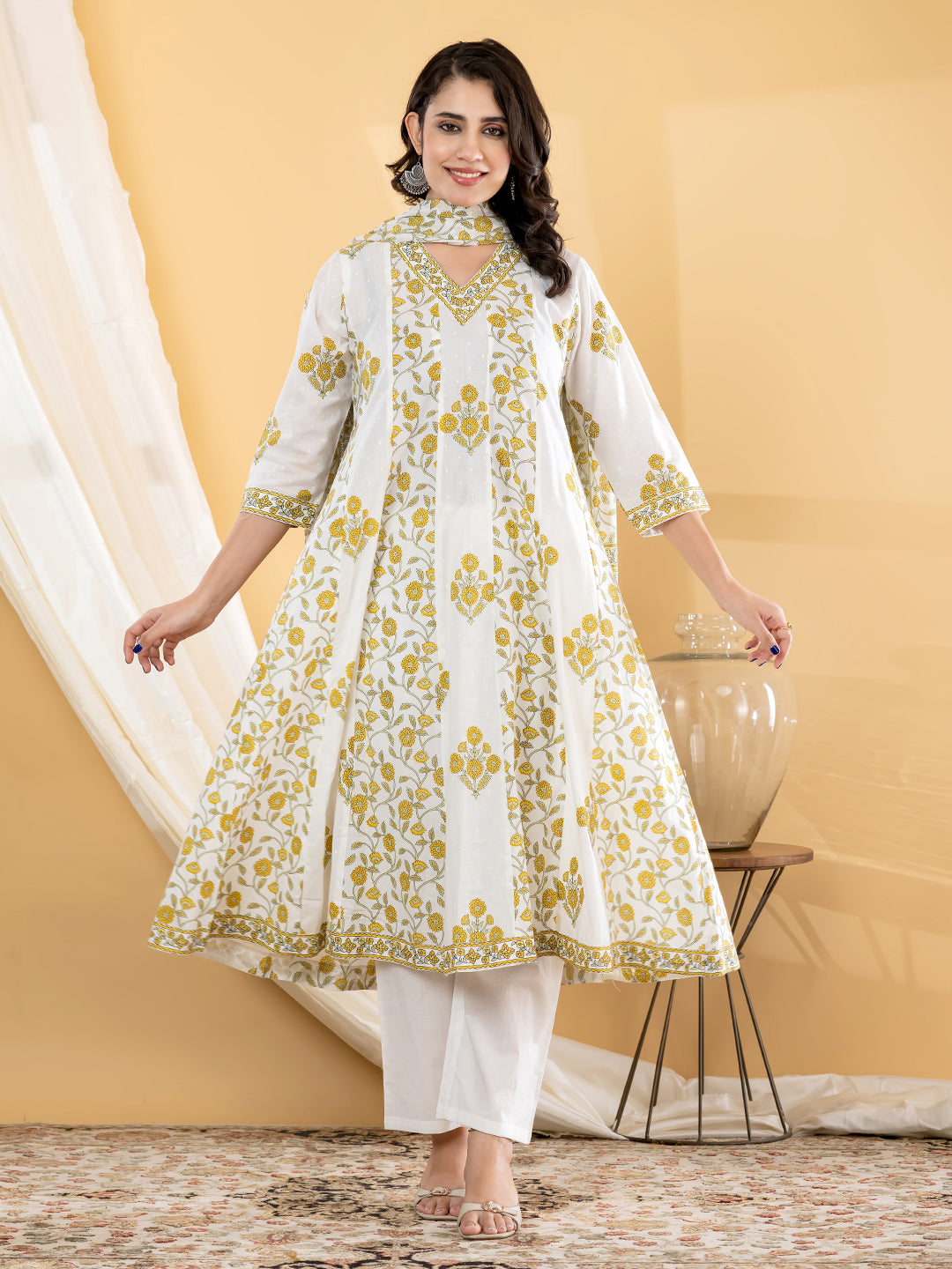 VEDIKA FLORAL PRINTED 3PC SET - WHITE MUSTARD
