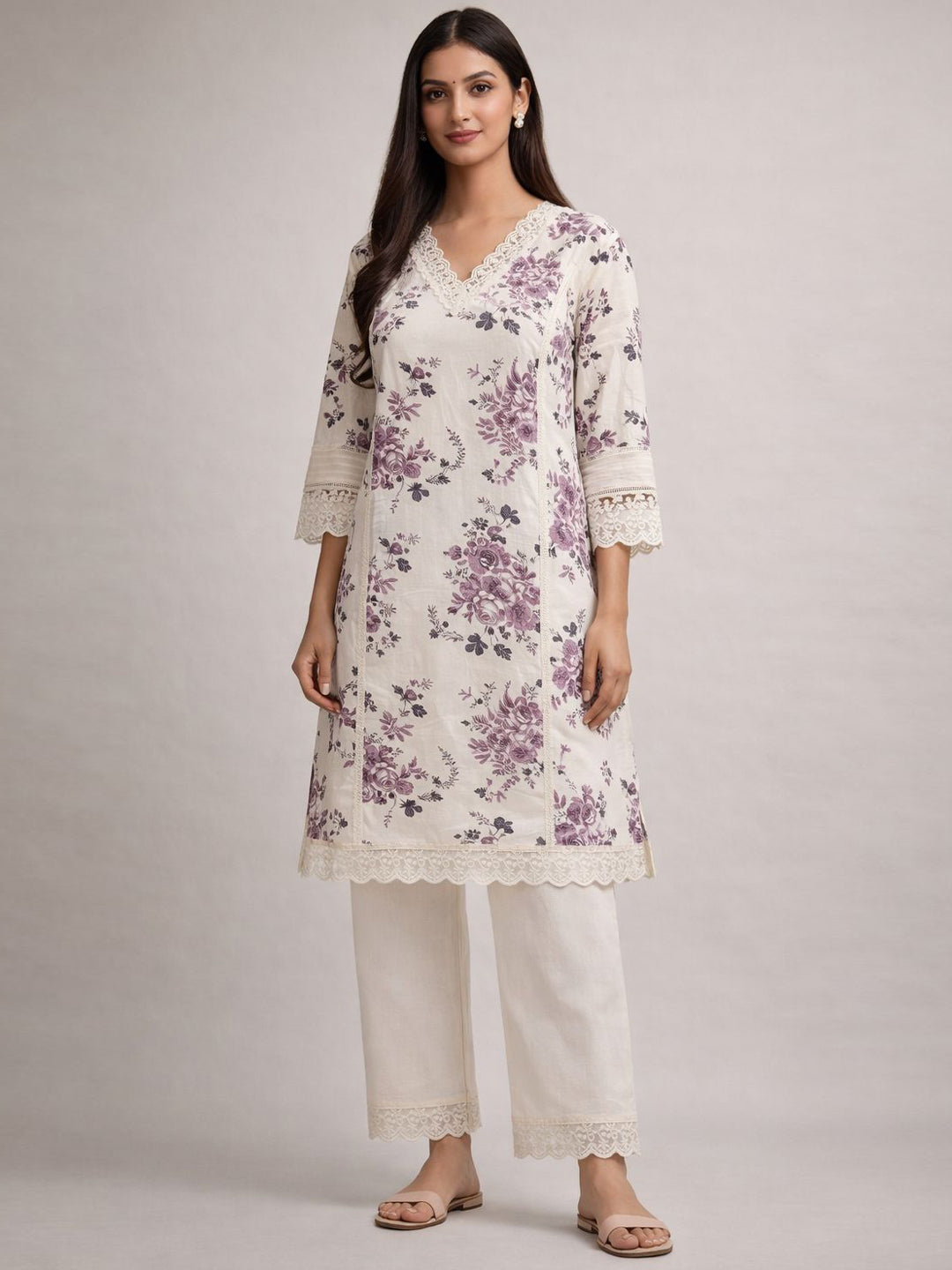 Lilac Bloom Lace Kurta Pant Set – Ivory Lilac