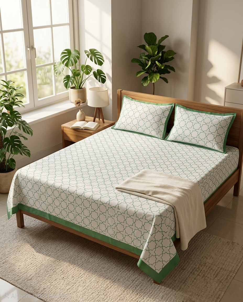 OLIVE GRID LUXE HAND BLOCK BEDSHEET(PREMIUM COTTON)