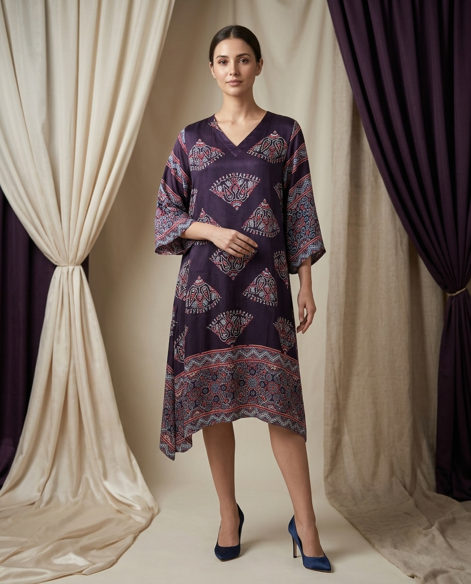 MOSAIC POINT MODAL SILK BLACK AJRAKH KURTA (HANDBLOCK)