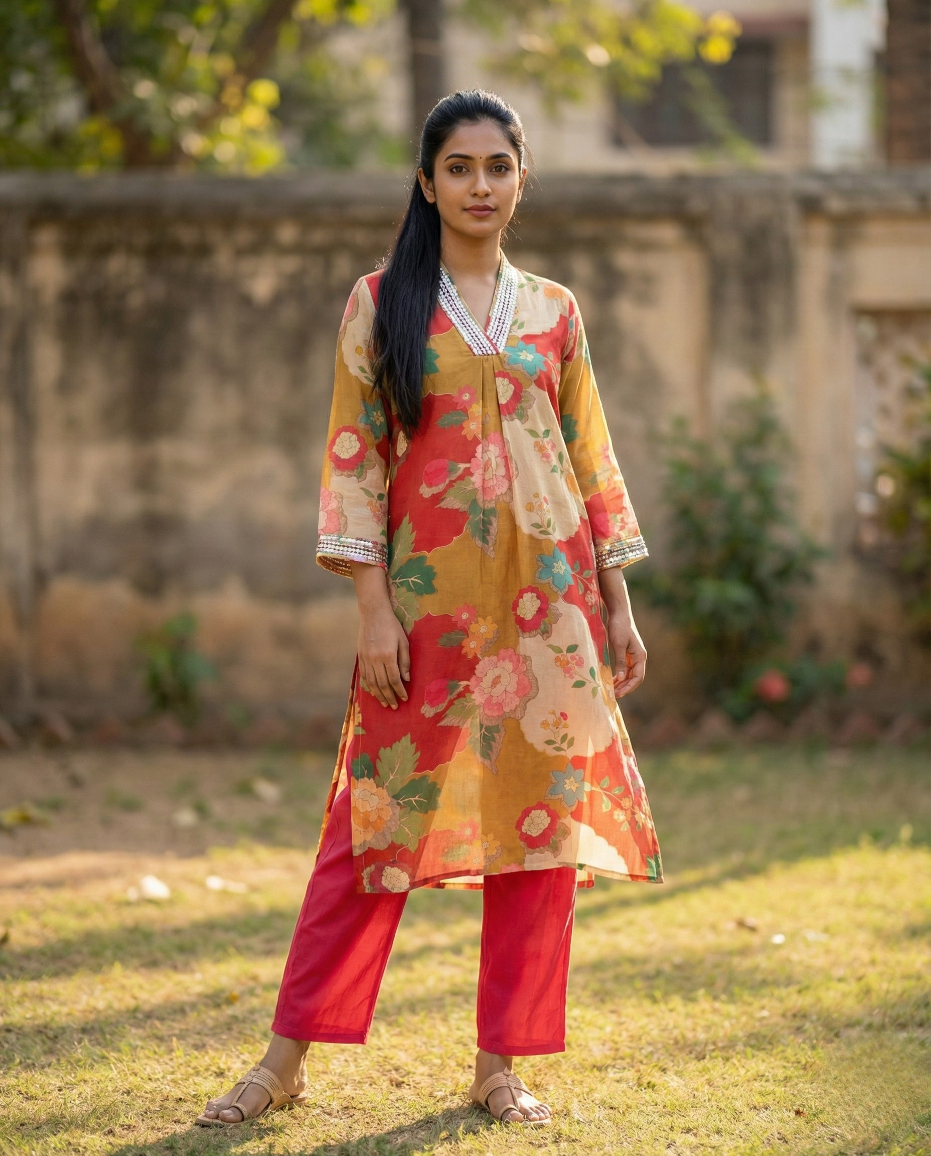 Abstract Mustard coral Floral Muslin KP set