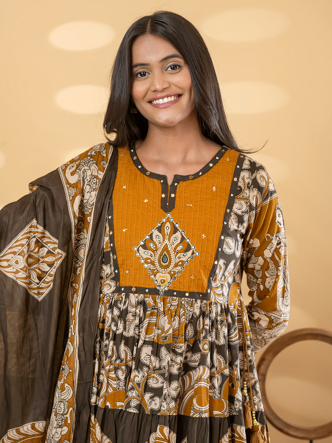 Vrinda Kalamkari 3Pc Set – Cocoa Brown