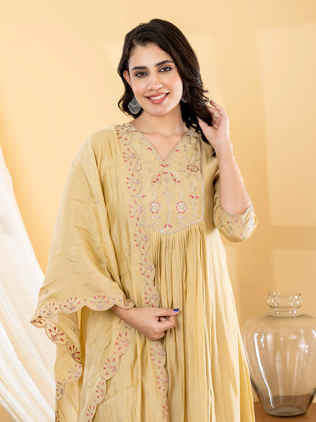 Zareen Embroidered 3Pc Set – Champagne Beige