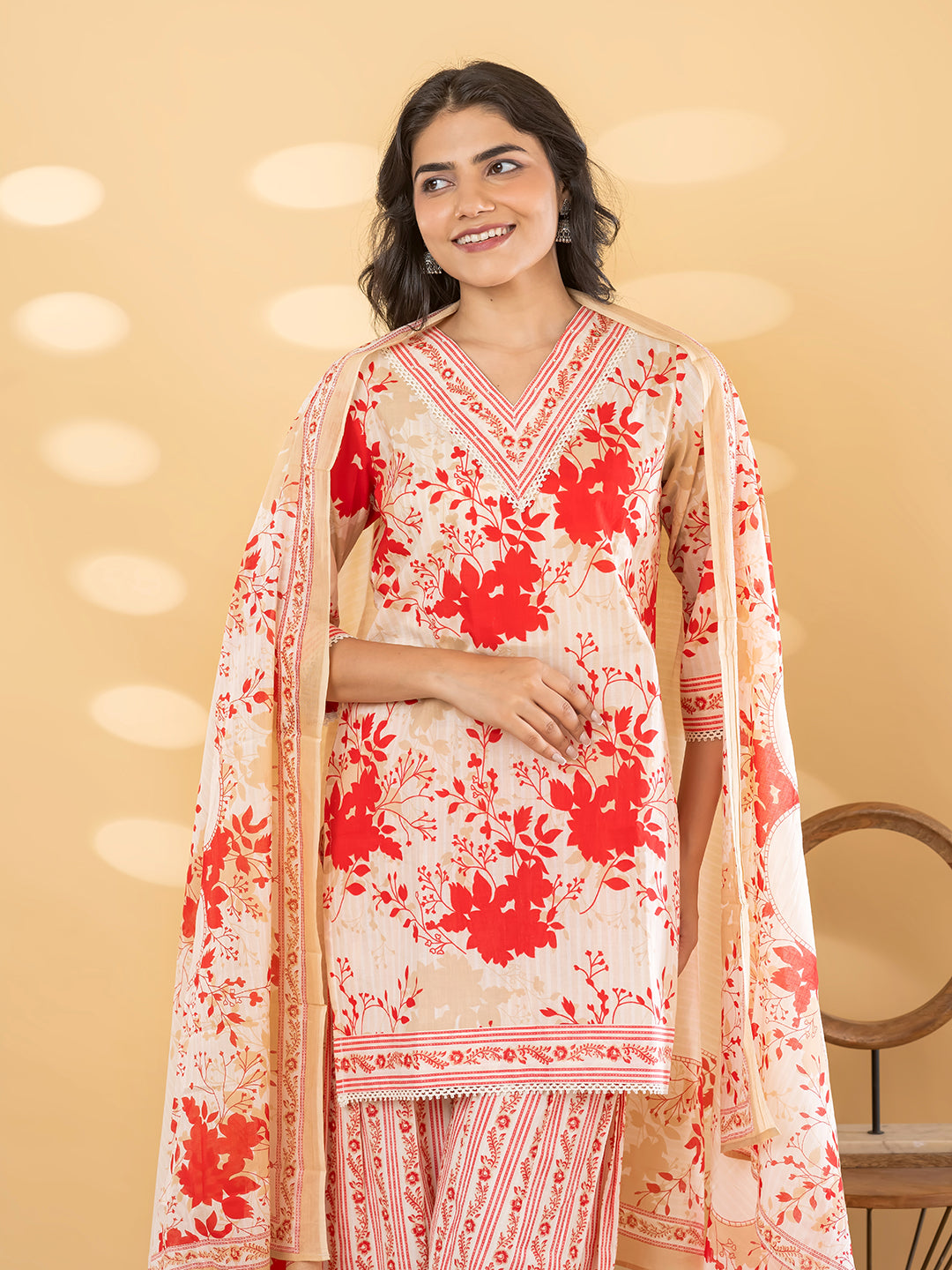 NOOR FARSI WHITE / RED SALWAR SUIT SET WITH DUPATTA