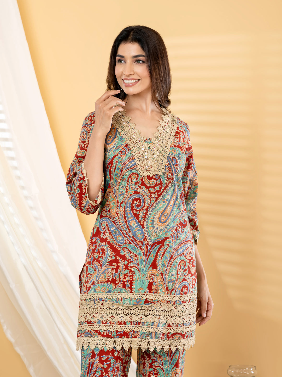Zaria Paisley Lace Kurta Pant Set – Rust Azure