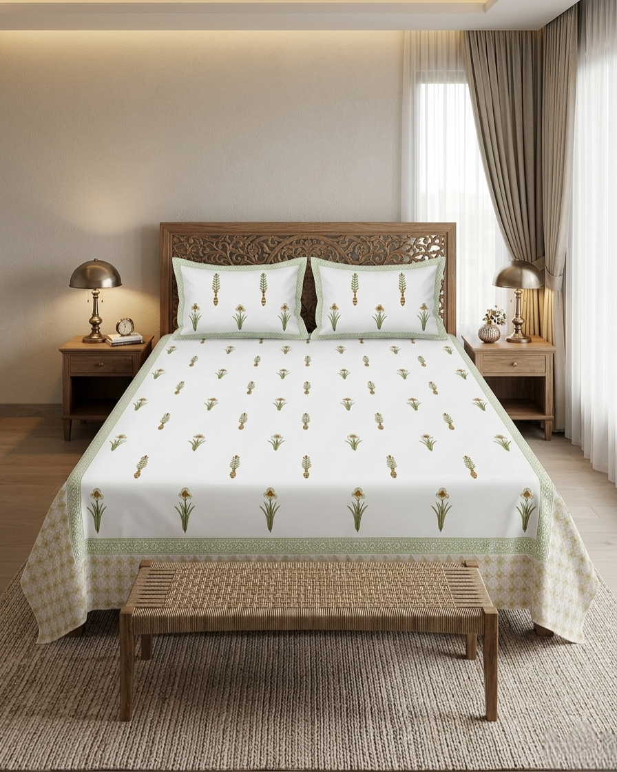 OLIVE EDIT HAND BLOCK BEDSHEET PREMIUM COTTON