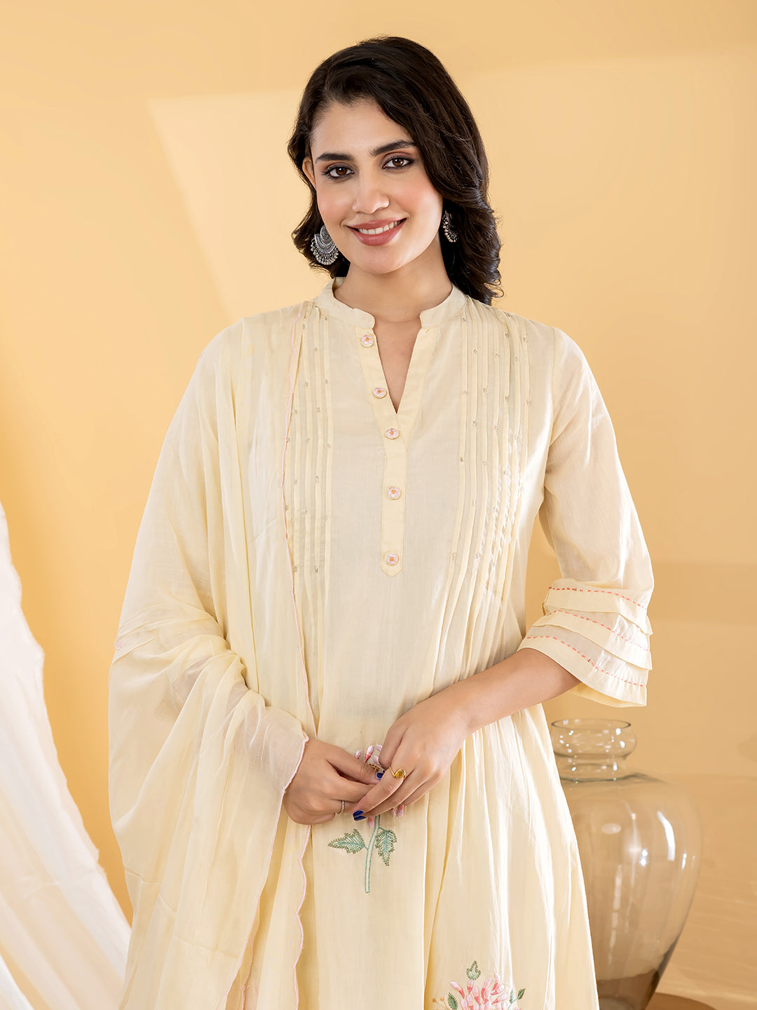Aabha Floral Embroidered 3Pc Set – Ivory Cream