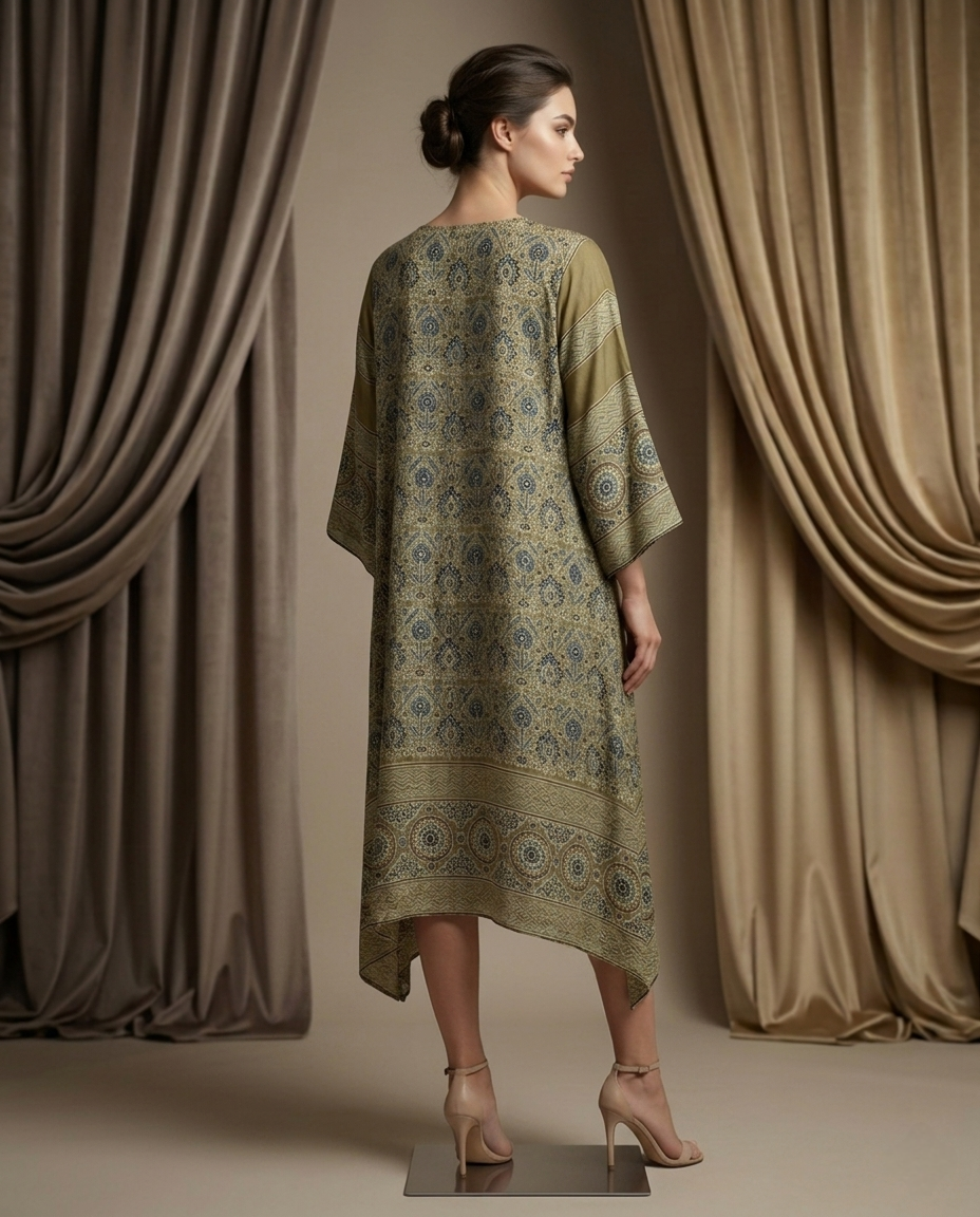 MOSAIC POINT MODAL SILK BROWN AJRAKH KURTA (HANDBLOCK)