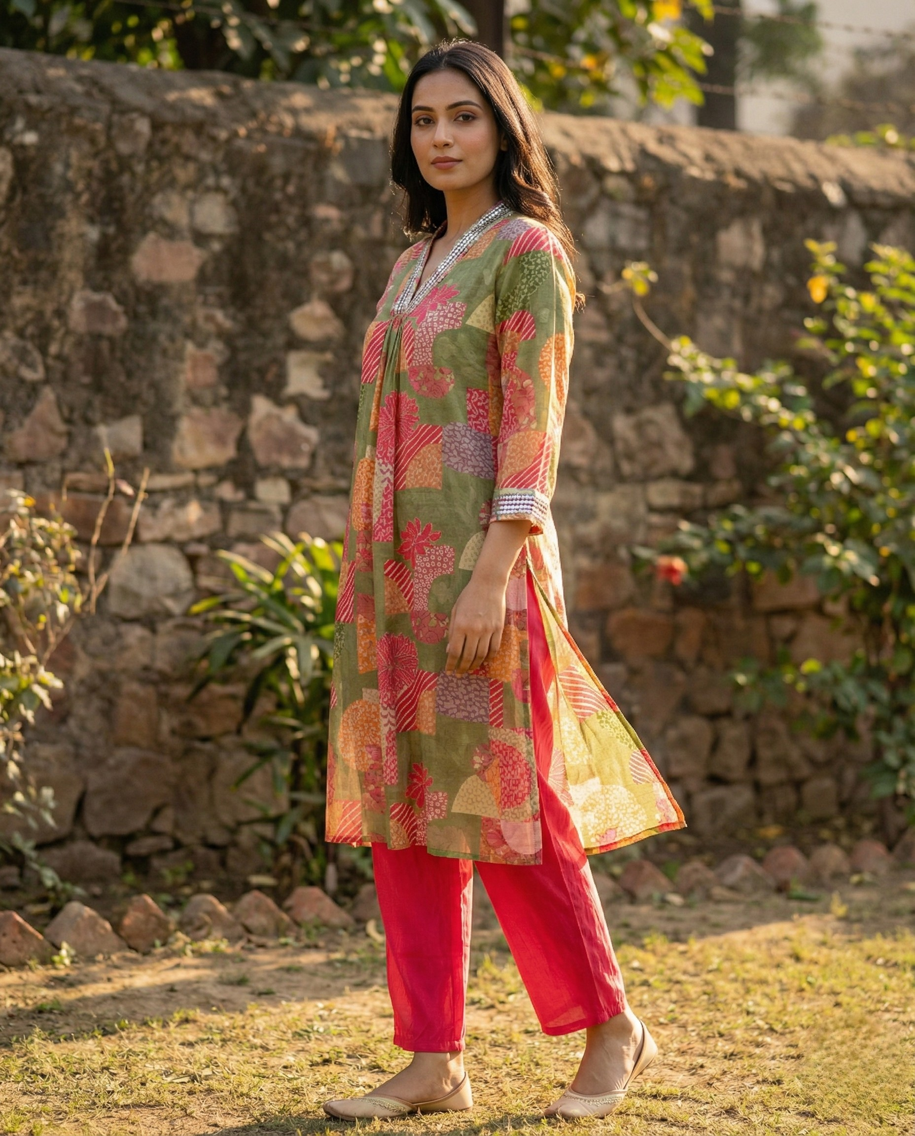 Abstract Green Pink Floral Muslin KP set