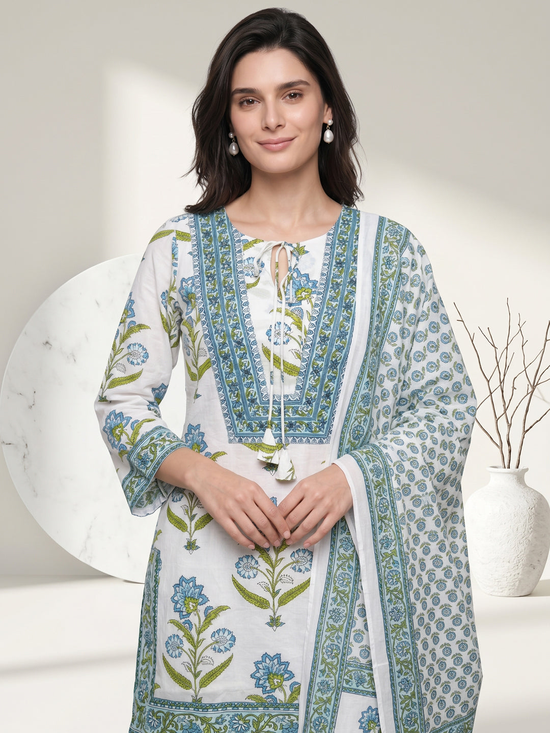 Azure Bloom Handblock 3Pc Set – Ivory Blue