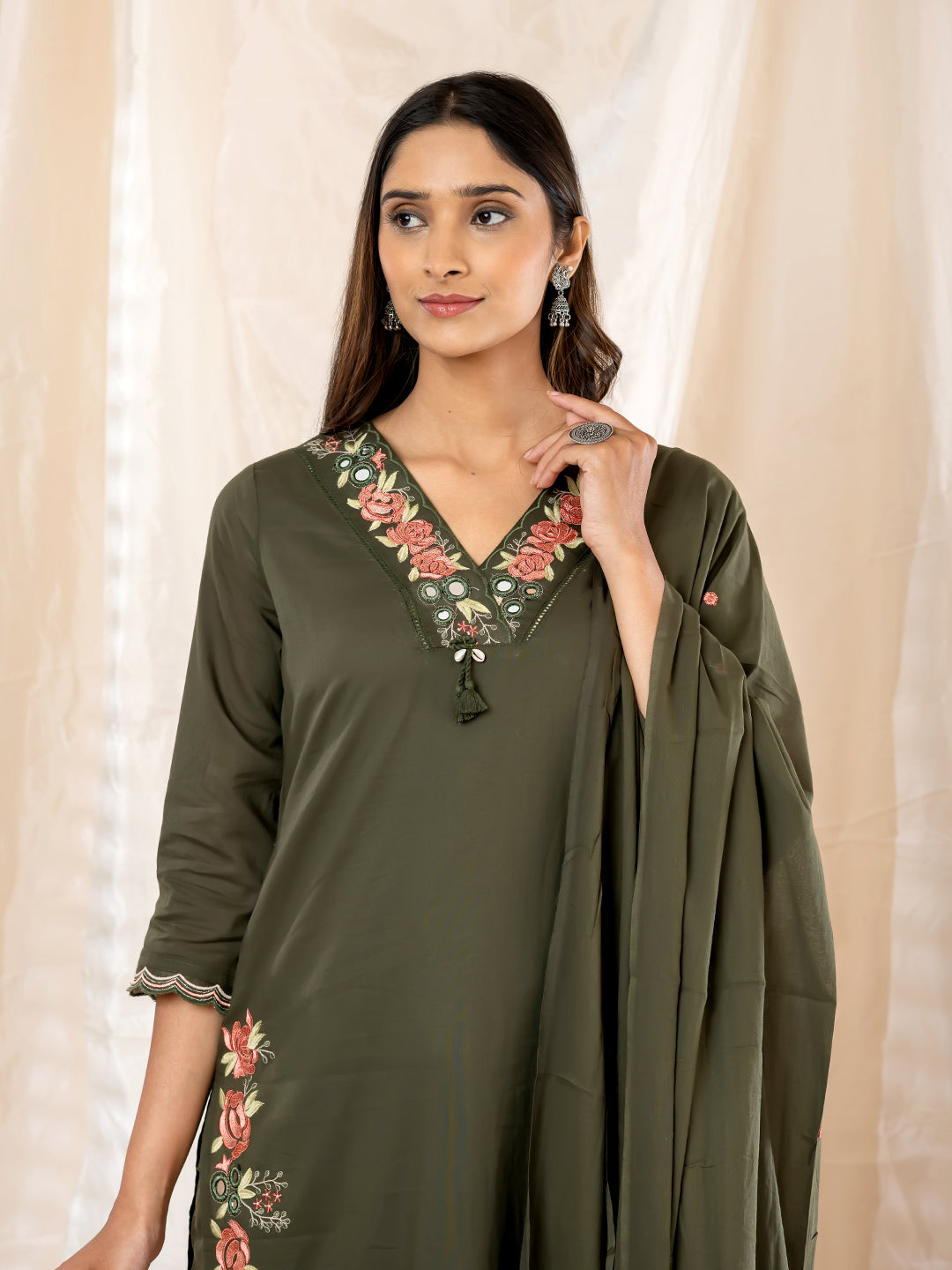Gulrose Embroidered 3Pc Set – Olive Green
