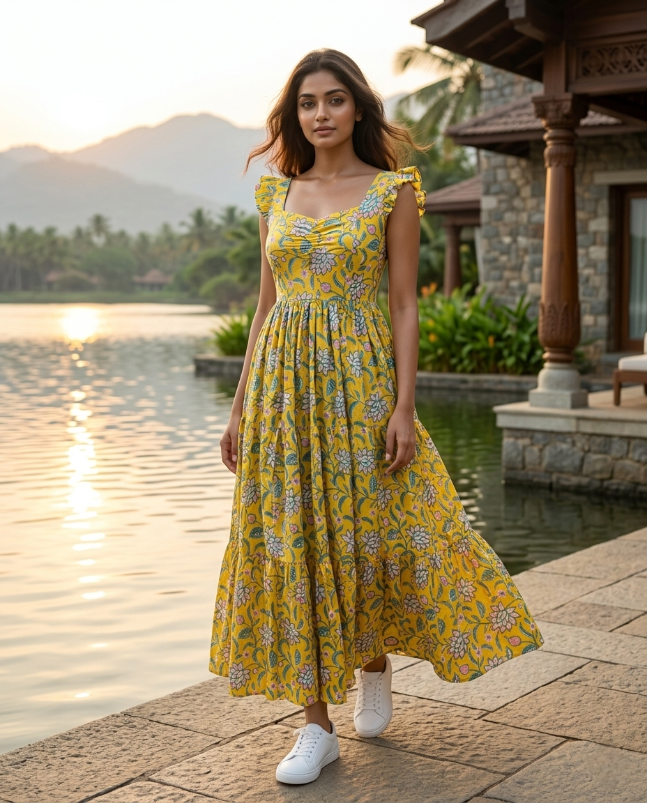 FRILL FLARE COTTON  YELLOW DRESS (HANDBLOCK)